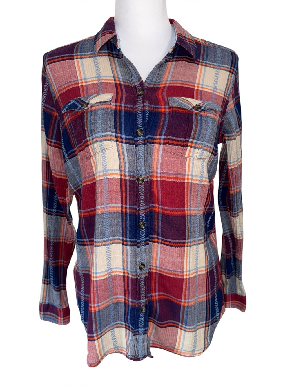 Eddie Bauer Womens‎ Medium Plaid Flannel Button Up Shirt Long Sleeve Stretch